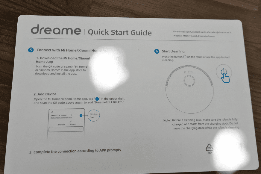 Die Rückseite des Quick Start Guides des Dreame L10s Pro ist zu sehen.